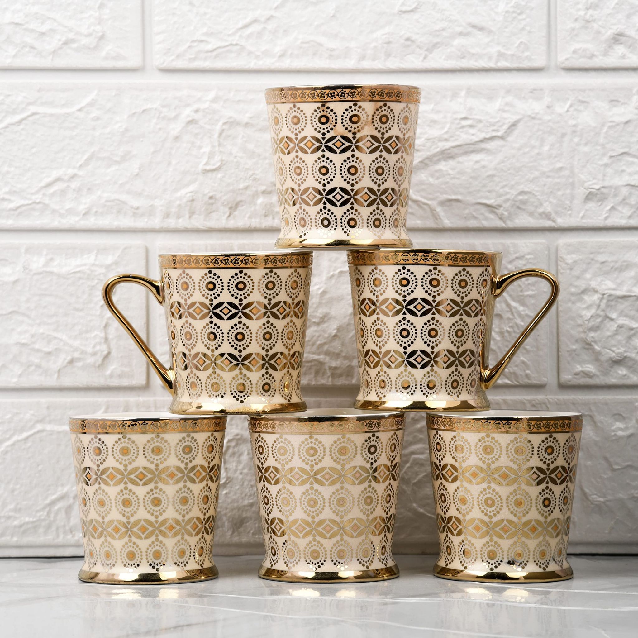 Femora Traditional Circles with Leaves Pattern Golden Tea Mugs, Ceramic Tea Cups, Coffee Mugs (180 ml, Golden) - 6 Pcs Set