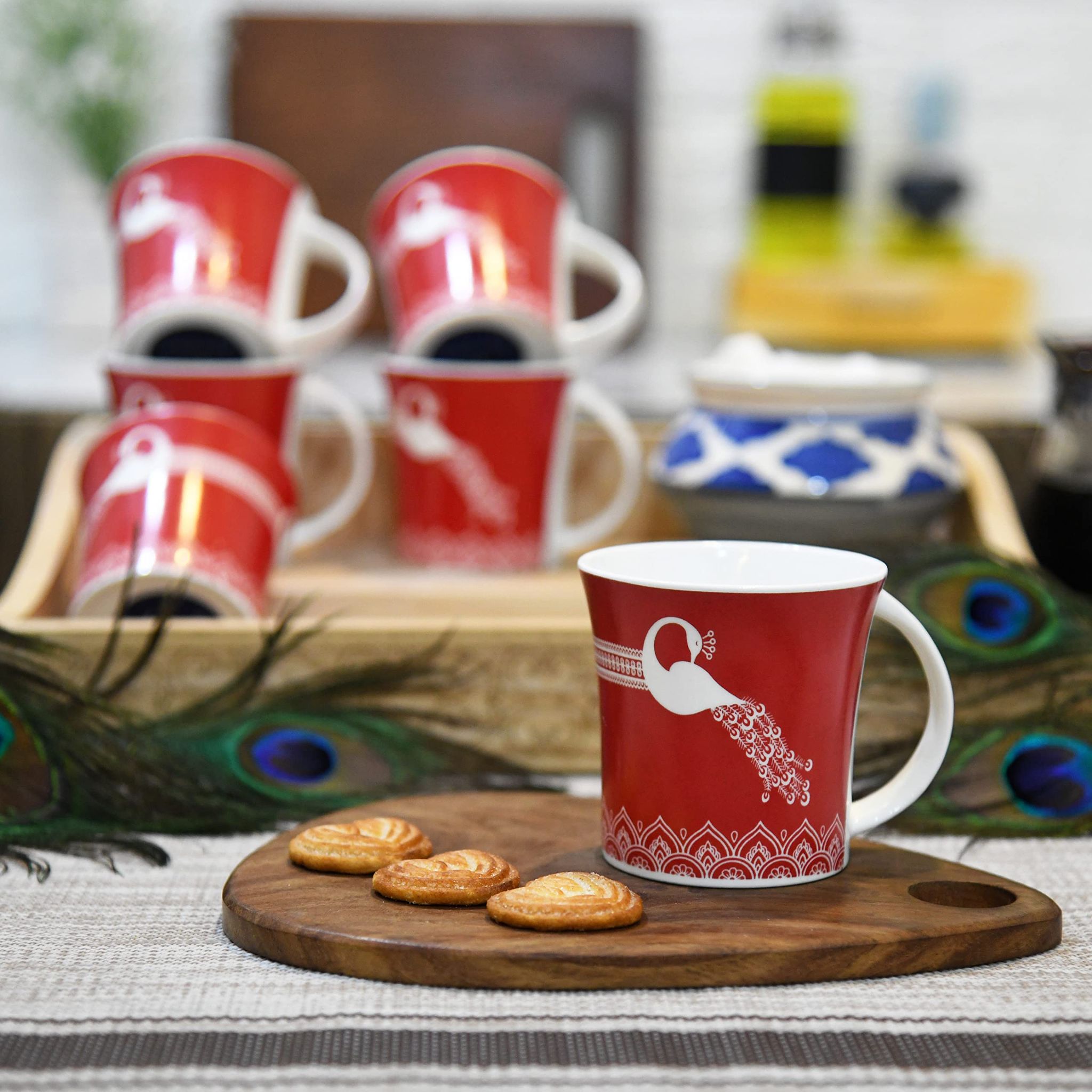 Femora Royal Peacock Design Tea Cups, Ceramic Tea Cups, Coffee Mugs (160 ml) - 6 Pcs Set (Red)