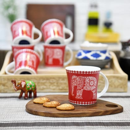 Femora Majestic Elephant Design Tea Cups, Ceramic Tea Cups, Coffee Mugs (160 ml) - 6 Pcs Set (Red)