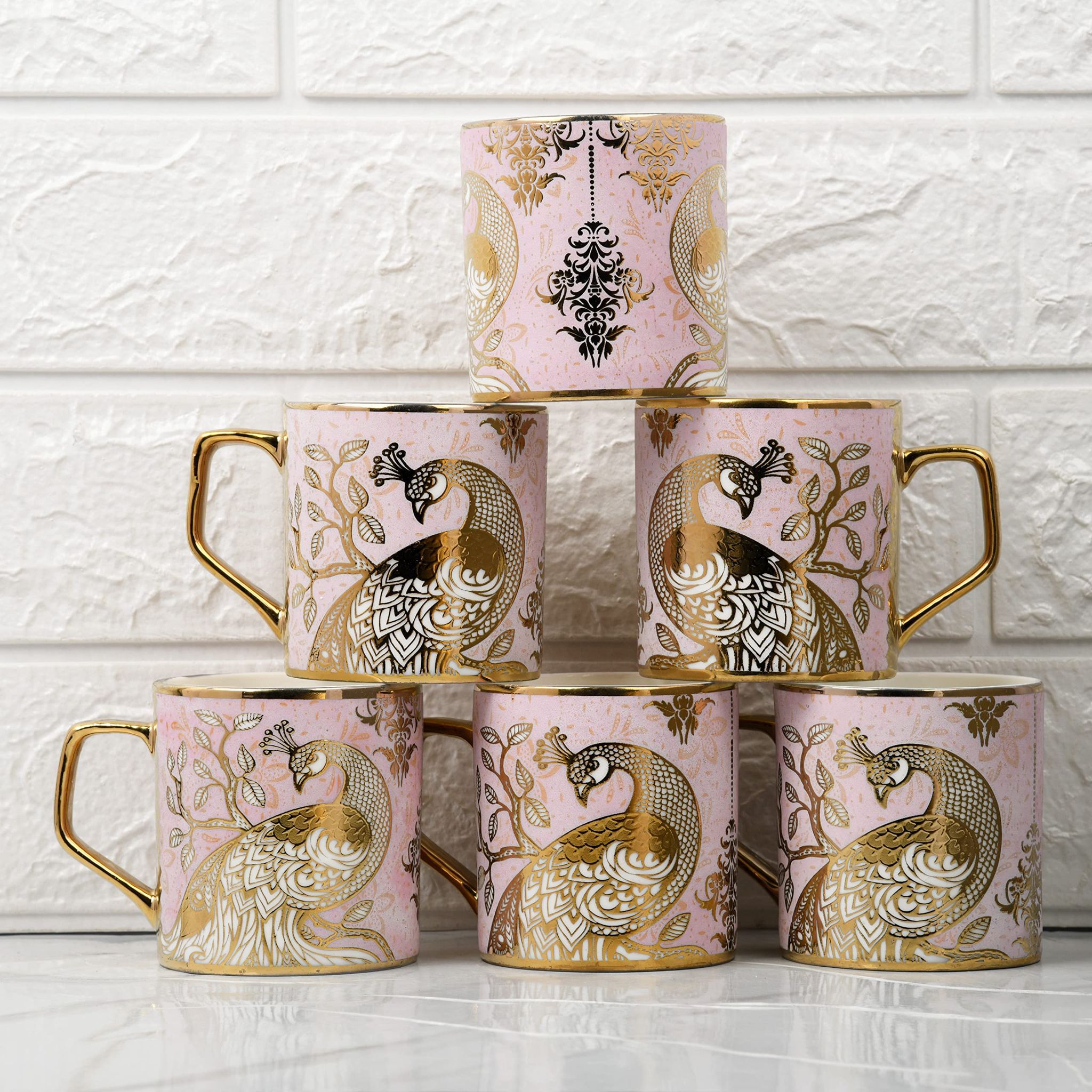 Femora Pink Peacock Pattern Golden Tea Mugs, Ceramic Tea Cups, Coffee Mugs (180 ml, Golden) - 6 Pcs Set