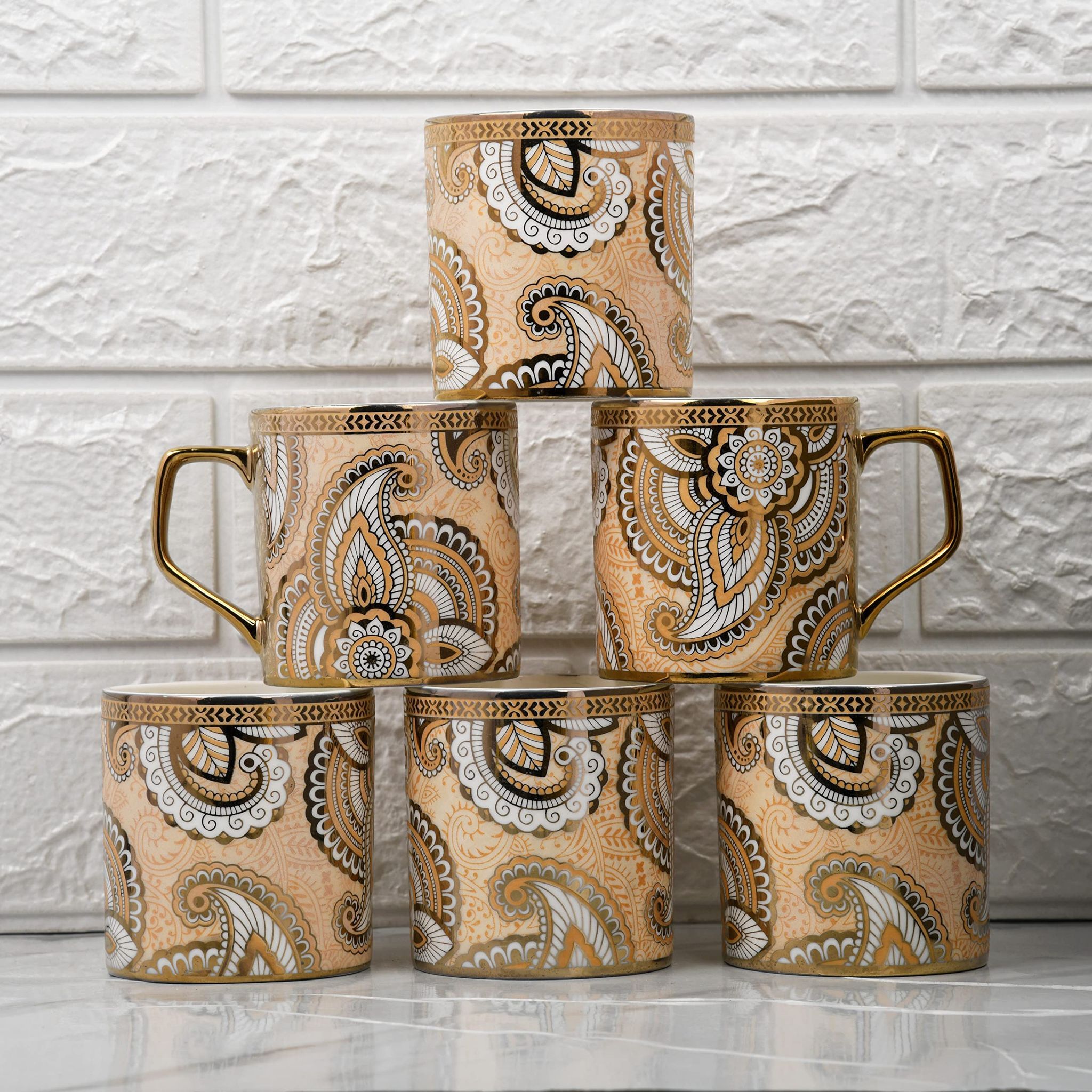 Femora Floral Pattern with Radial Background Golden Tea Mugs, Ceramic Tea Cups, Coffee Mugs (180 ml, Golden) - 6 Pcs Set