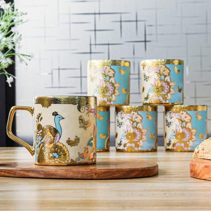 Femora Ceramic Butterfly & Peacock Green Tea Mugs, Ceramic Tea Cups, Coffee Mugs (180 ml, Golden) - 6 Pcs Set
