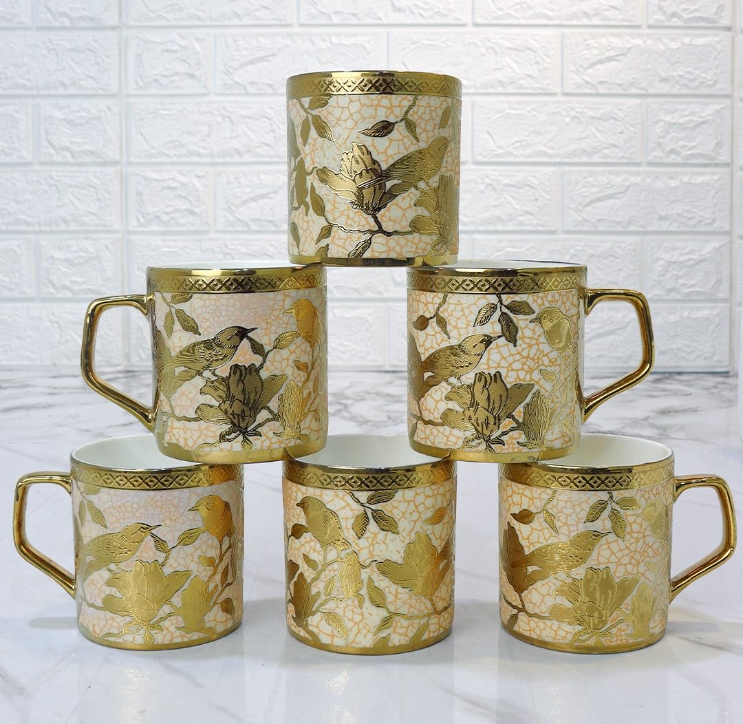 Femora Ceramic Weaver Love Gold Tea Mugs, Ceramic Tea Cups, Coffee Mugs (180 ml, Golden) - 6 Pcs Set