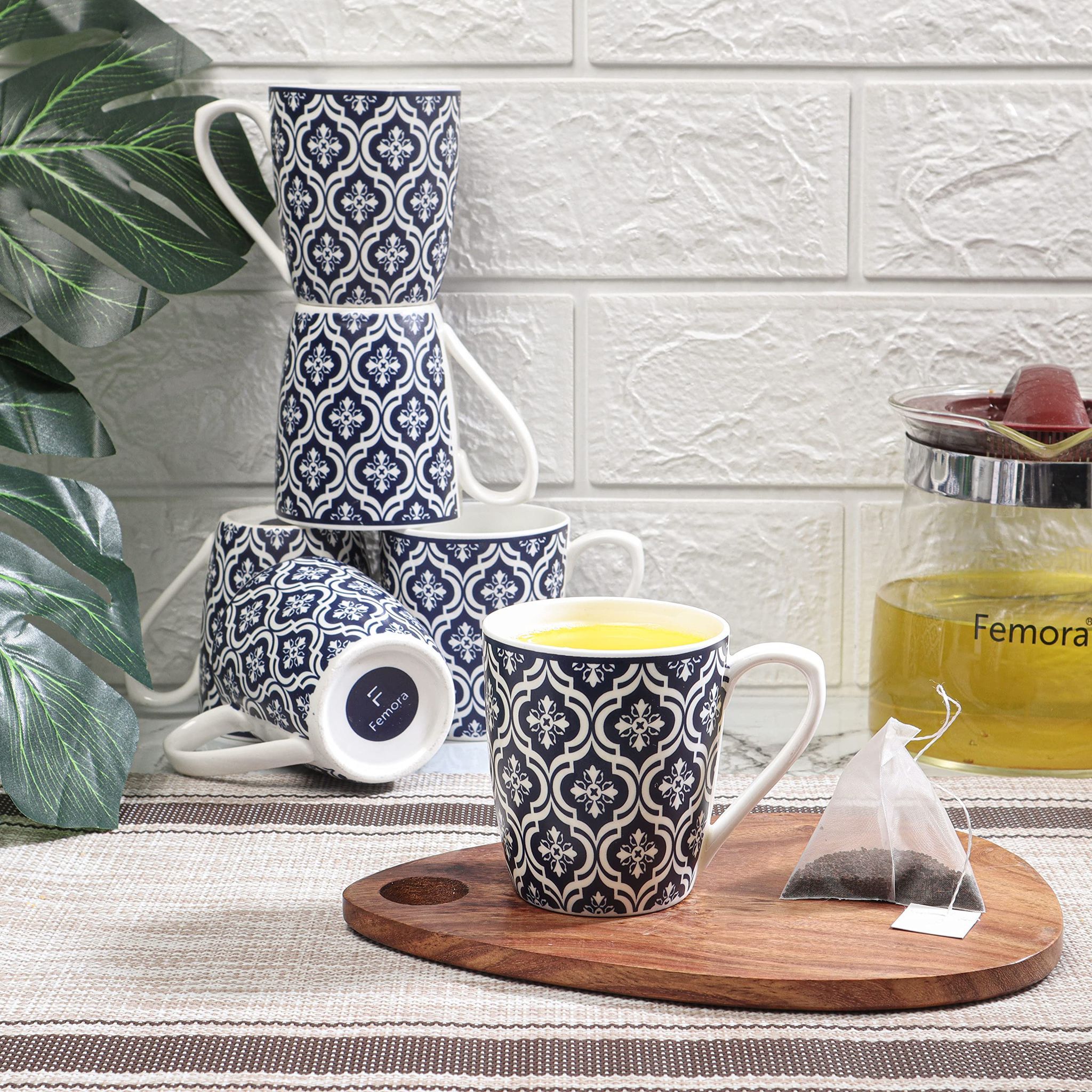 Femora Bone China Blue Block Print Design Tea Cup, 6 pcs, 160 ML