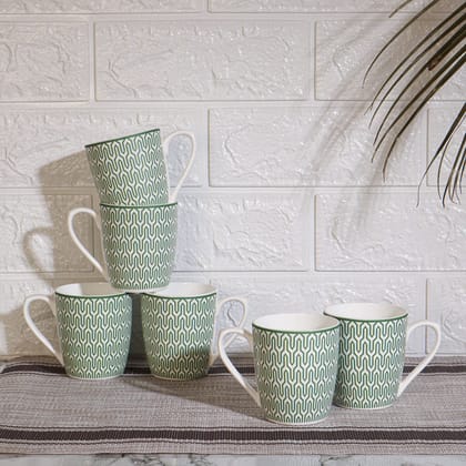 Femora Desh ki Mitti Fine Bone China Green Yuber Line Design Tea Cups, Set of 6 pcs, 160 ML