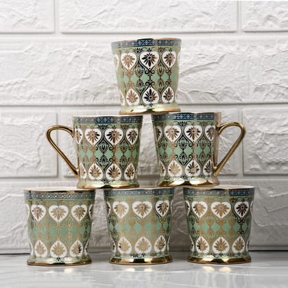 Femora Golden Leaves Pattern Golden Tea Mugs, Ceramic Tea Cups, Coffee Mugs (160 ml, Golden) - 6 Pcs Set
