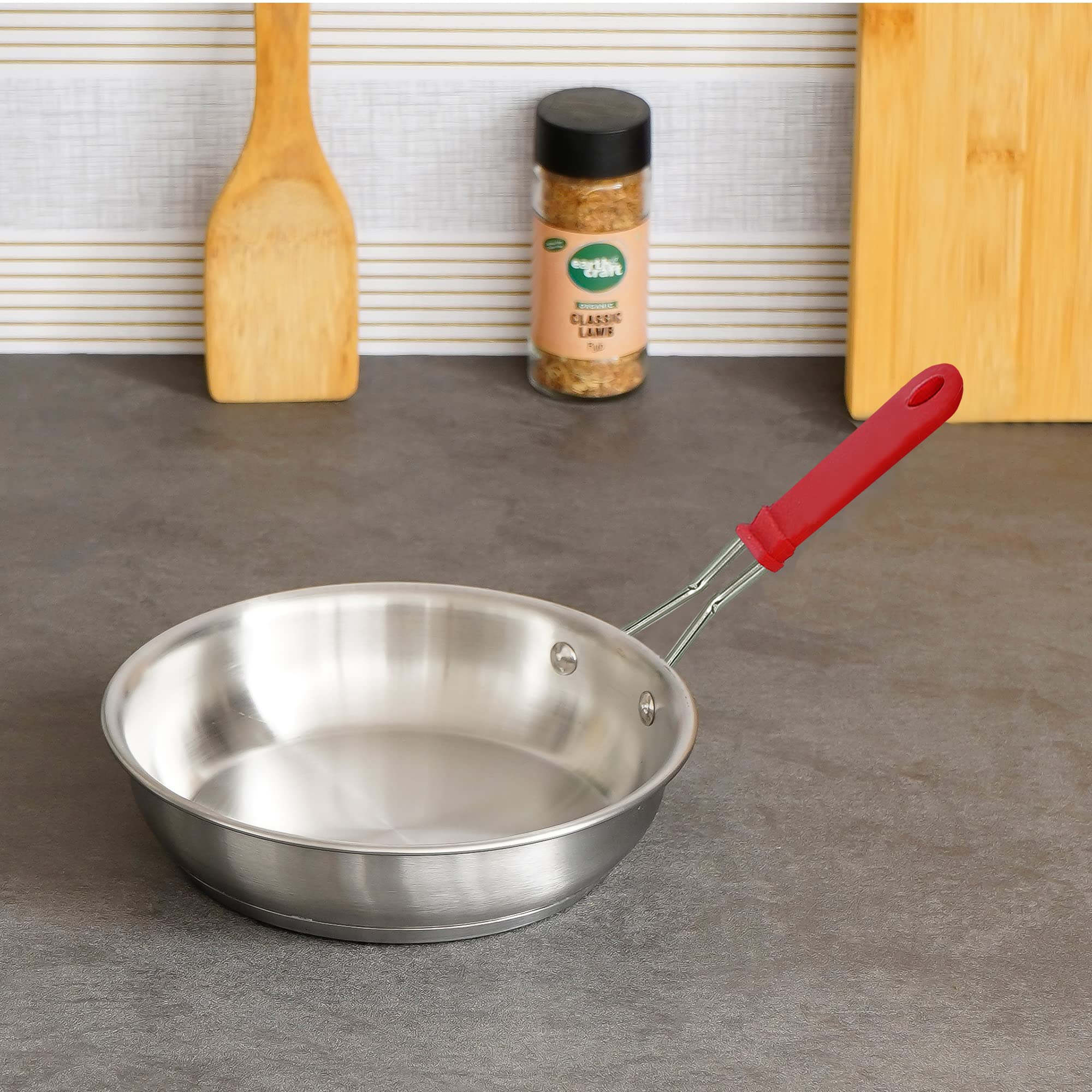 Femora Stainless Steel Flat Fry Pan, Bonded Tri-Ply Bottom with Silicone Handle, 24 cm, Silver, Zero Coating, Health Safe