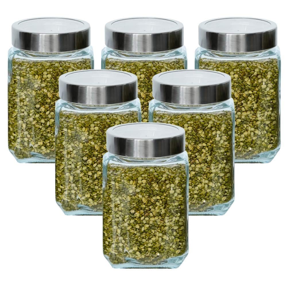 Femora Glass Cuboid Kitchen Storage Jar, 750ML, Set of 6, Free Replacement of Lids