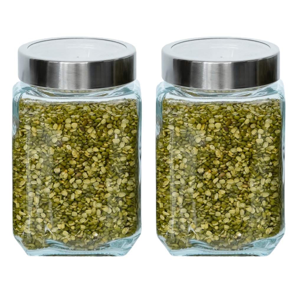 Femora Glass Cuboid Kitchen Storage Jar, 750ML, Set of 2, Free Replacement of Lids