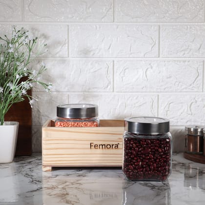 Femora Clear Glass Jar 1000 ML, 2 pcs, with Wooden Tray