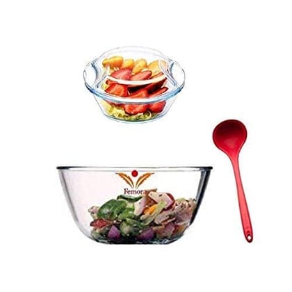 Femora Borosilicate Glass Microwave Safe Mixing Bowl 2100 ML, Serving Casserole 1500 ML, Silicone Spoon Serving Set of 3