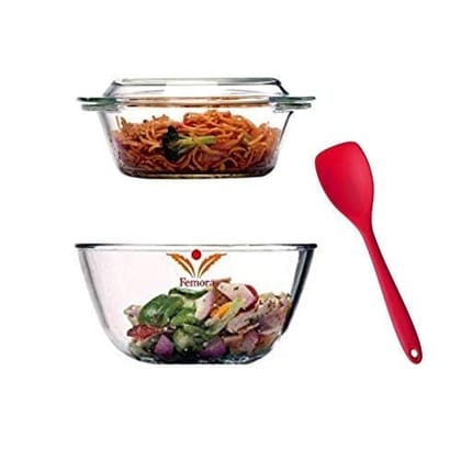 Femora Borosilicate Glass Microwave Safe Mixing Bowl 1050 ML, Serving Casserole 700 ML, Silicone Spoon Serving Set of 3 Perfect for Mixing, Cooking, Baking, Curry, Food Serving