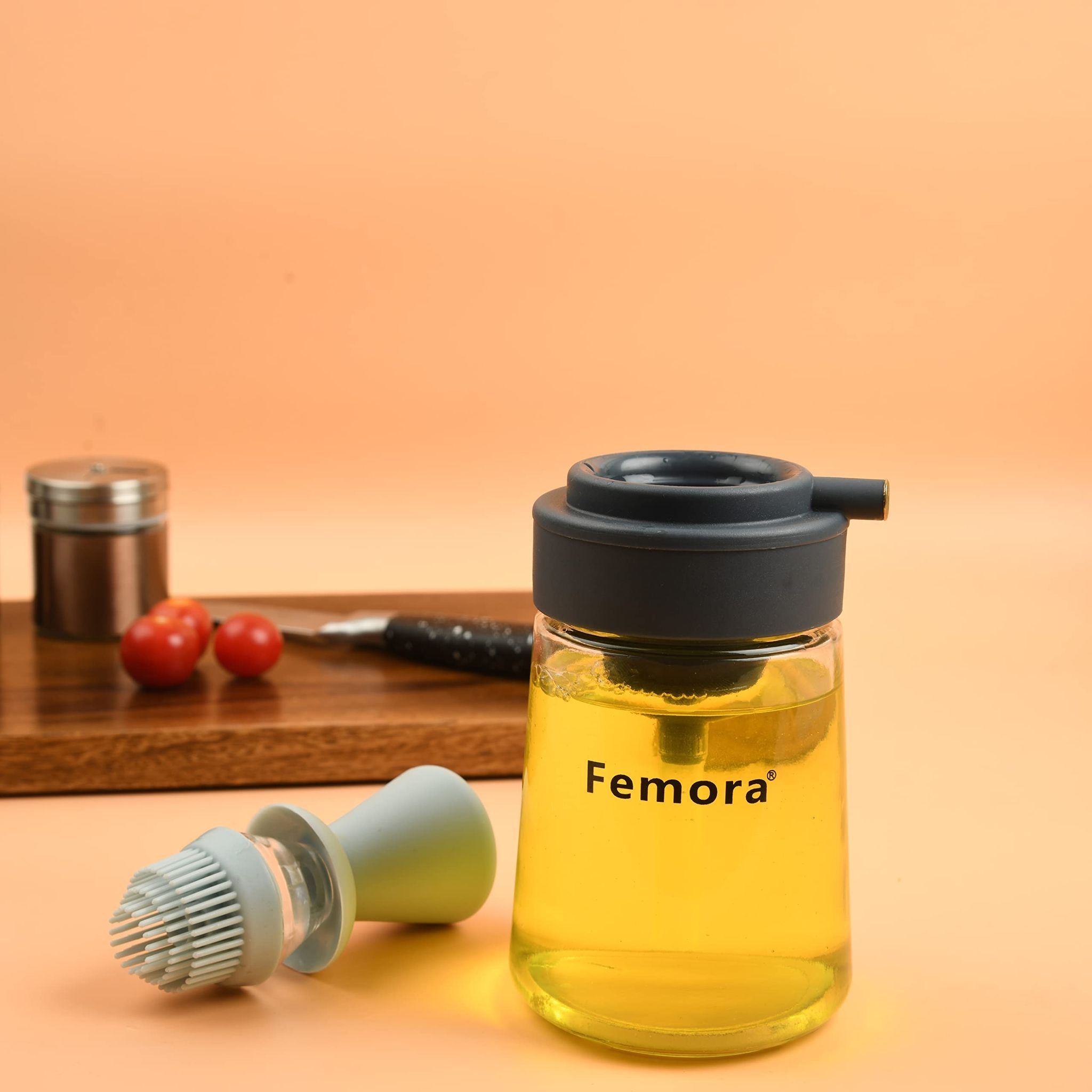 Femora Glass Oil Dispenser Bottle With Silicone Brush/Dropper - 350 ML, Grey Oil Jar