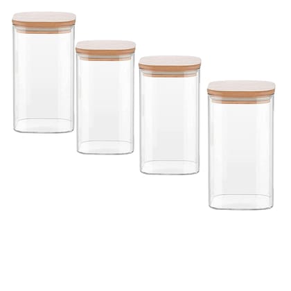 Femora Borosilicate Glass Bamboo Lid Air Tight Jar - 700 ML, Set of 4, Free Replacement of Lids