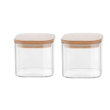 Femora Borosilicate Glass Bamboo Lid Air Tight Jar - 450 ML, Set of 2, Free Replacement of Lids