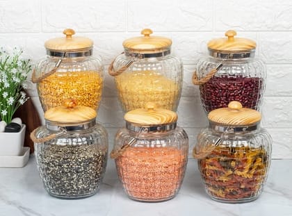 Femora Glass Kitchen Storage Jar with Bamboo Lid, 2000 ML, (2-LTR) Set of 6, Free Replacement of Lids