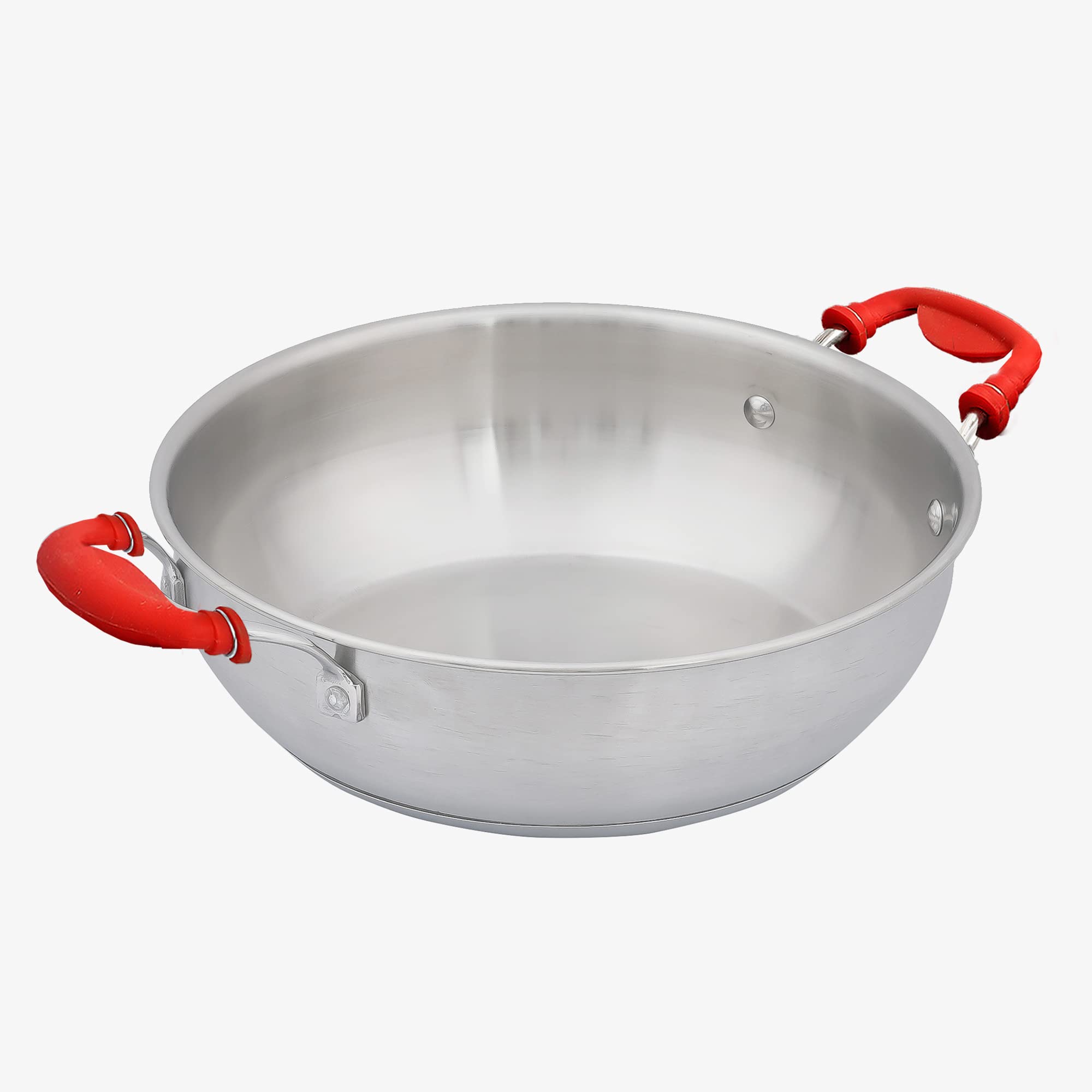 Femora Stainless Steel Flat Kadhai with Silicone Handle, Bonded Tri-Ply Bottom, 22 cm,Silver, Zero Coating, Health Safe