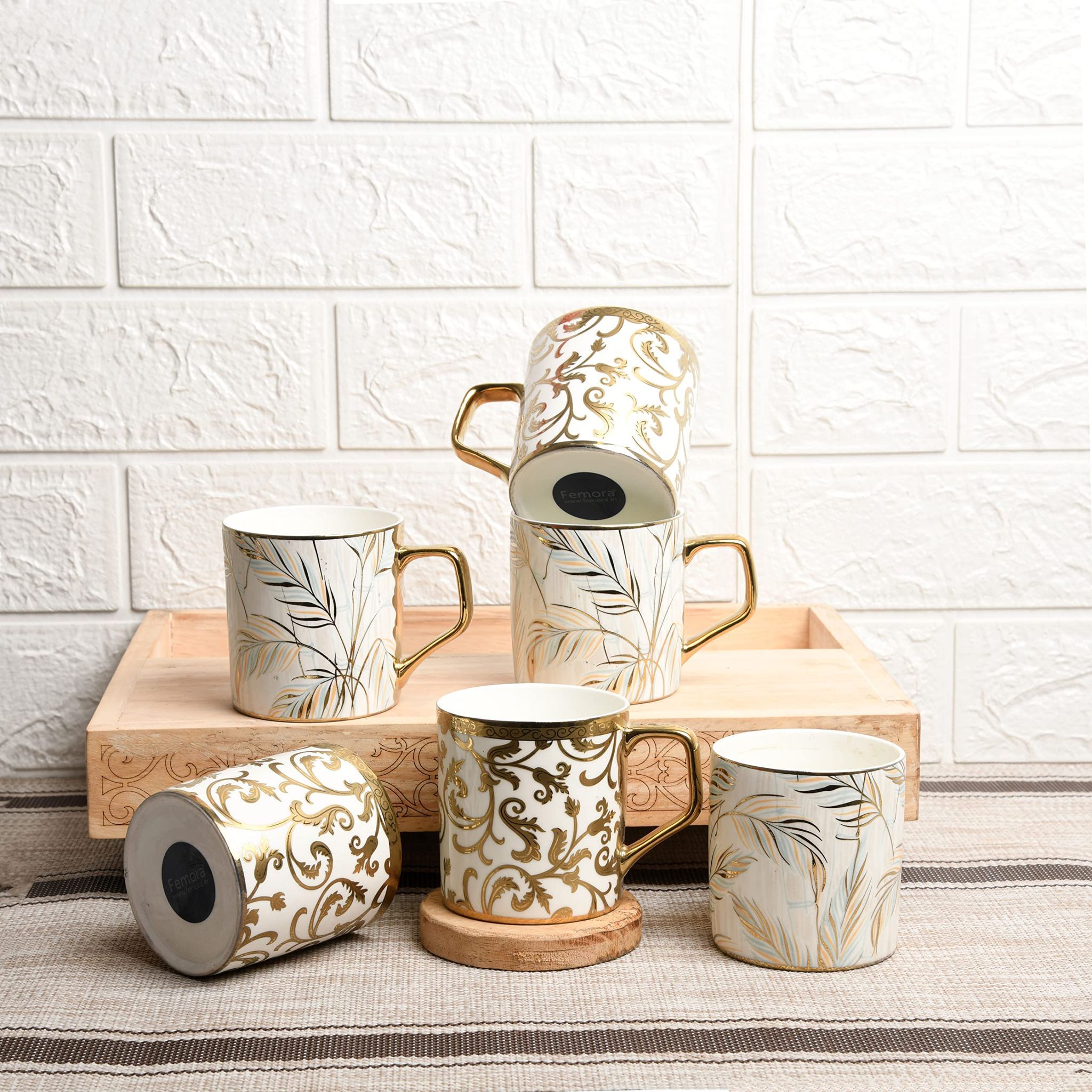 Femora Gloden Floral Tropical Motif Pattern Golden Tea Mugs, Ceramic Tea Cups, Coffee Mugs (180 ml, Golden) - 6 Pcs Set