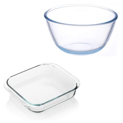 Femora Borosilicate Glass Solid Mixing Bowl and Square Dish, (Transparent, Bowl-2100ML, Dish-1700ML)- Set of 2