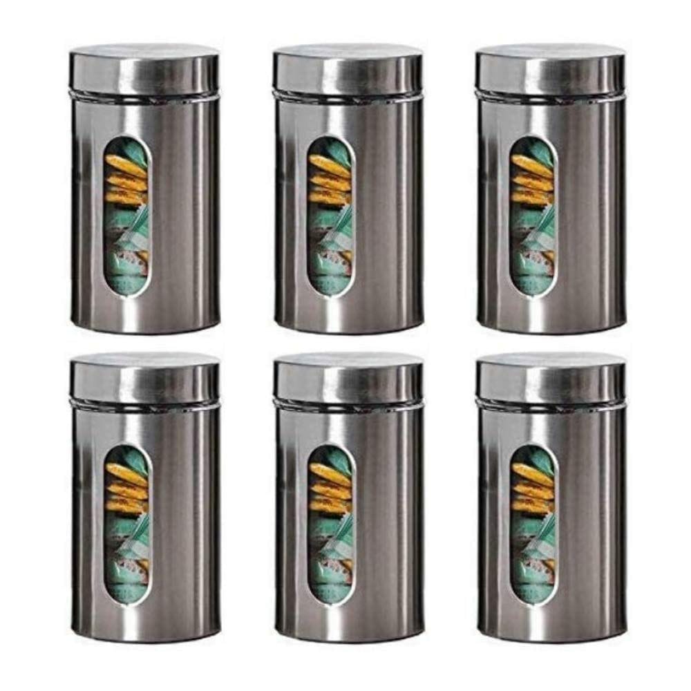 Femora Glass Window Jar for Kitchen Storage Jars with Glass Window and Stainless Steel Cover, 1000 ml, Set of 6, Free Replacement of Lids