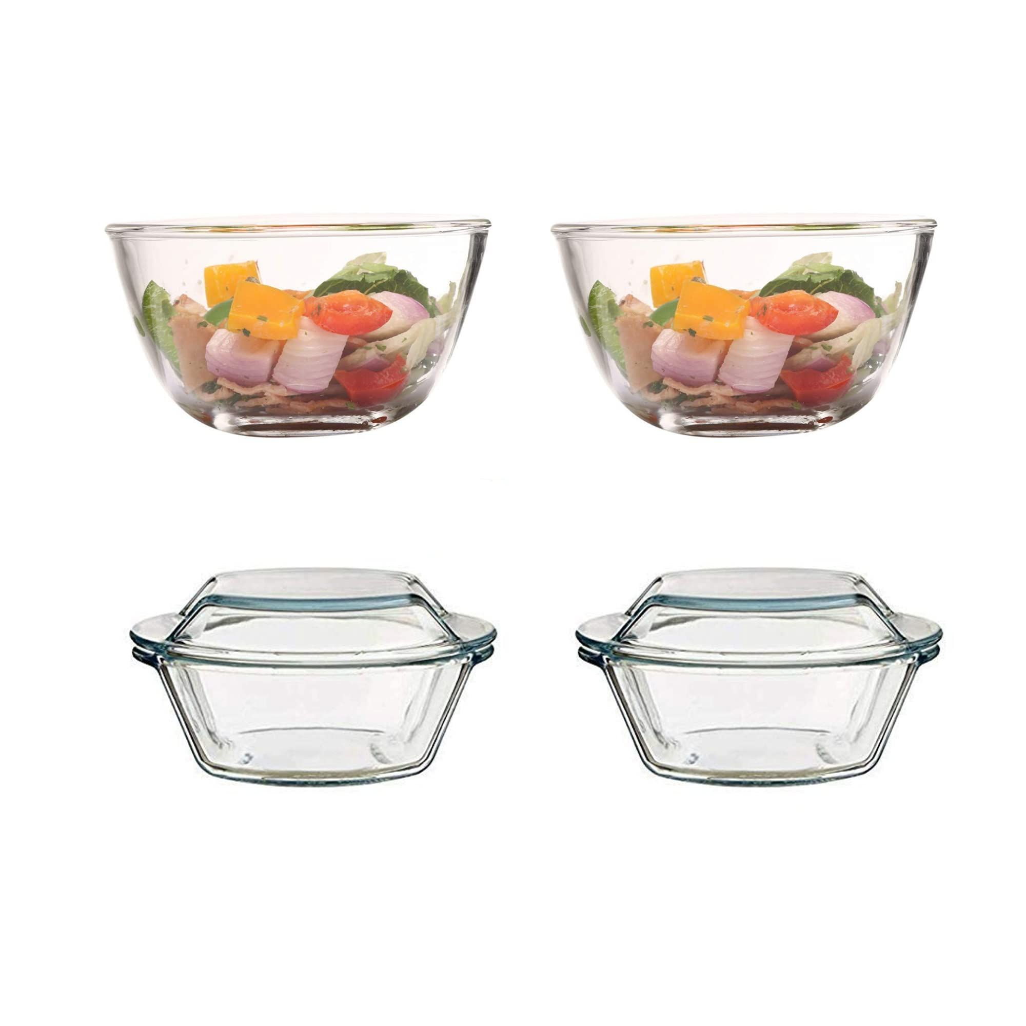 Femora Borosilicate Glass Microwave Safe Mixing Bowl (700 ML) and Casserole (1000 ML) Serving Set of 4