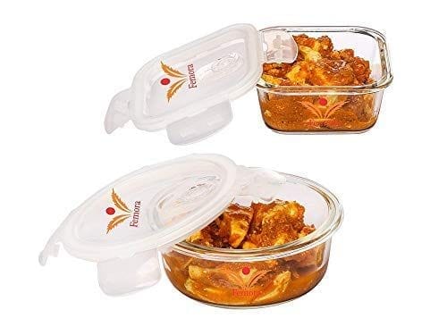 Femora Borosilicate Glass Microwave Safe Food Storage Container with Air Vent Lid- Square(300ml), Round (380ml), Set of 2