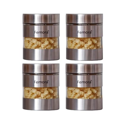 Femora Clear Glass Steel Metallic Jars for Kitchen Storage, 1300 ML - Set of 4