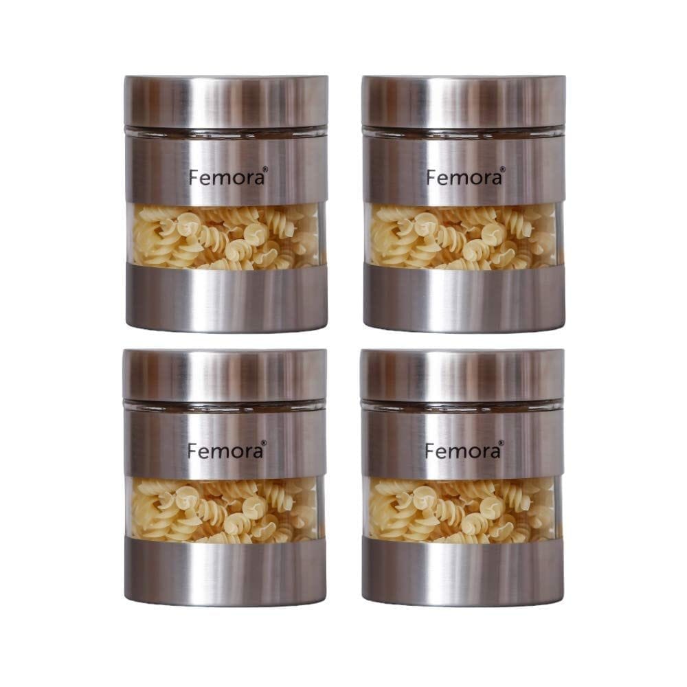 Femora Clear Glass Steel Metallic Jars for Kitchen Storage, 1300 ML - Set of 4