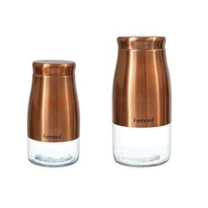 Femora Copper Metallic Clear Glass Kitchen Storage Jars, 1300 ml, 1750 ml, Set of 2