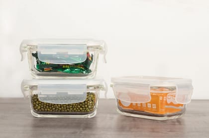 Femora Borosilicate Glass Microwave Safe Mini Food Storage Air-Tight Container- Rectangle(140ml), Set of 3 (Very Small Size, Mini Container)