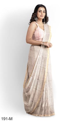 White Linear Hand Block Printed Maheshwari Saree