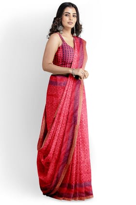 Pink Hand Block Printed Maheshwari saree