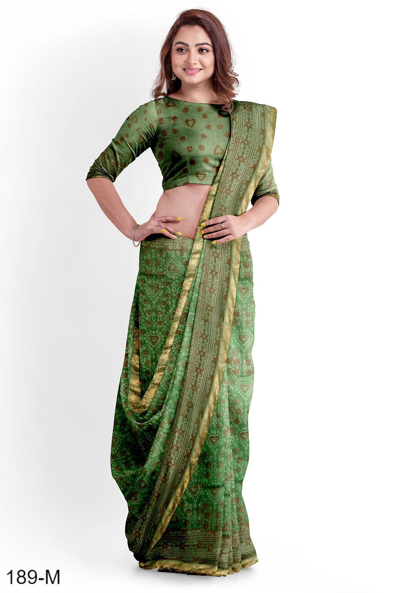 Green Hand Block Printed Maheshwari Saree