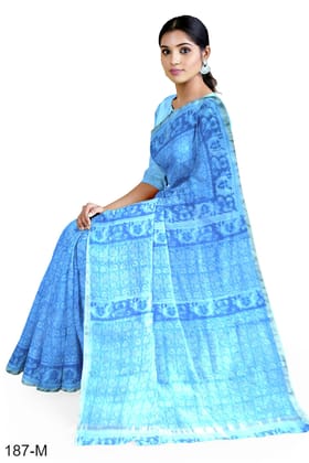 Blue Hand Block Printed Chanderi Saree