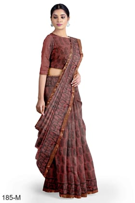 Brown Hand Block Printed Maheshwari saree