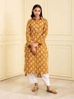 WOMEN HAND BLOCK PRINTED ORGANIC COTTON LONG MUSTARD COLOR KURTA