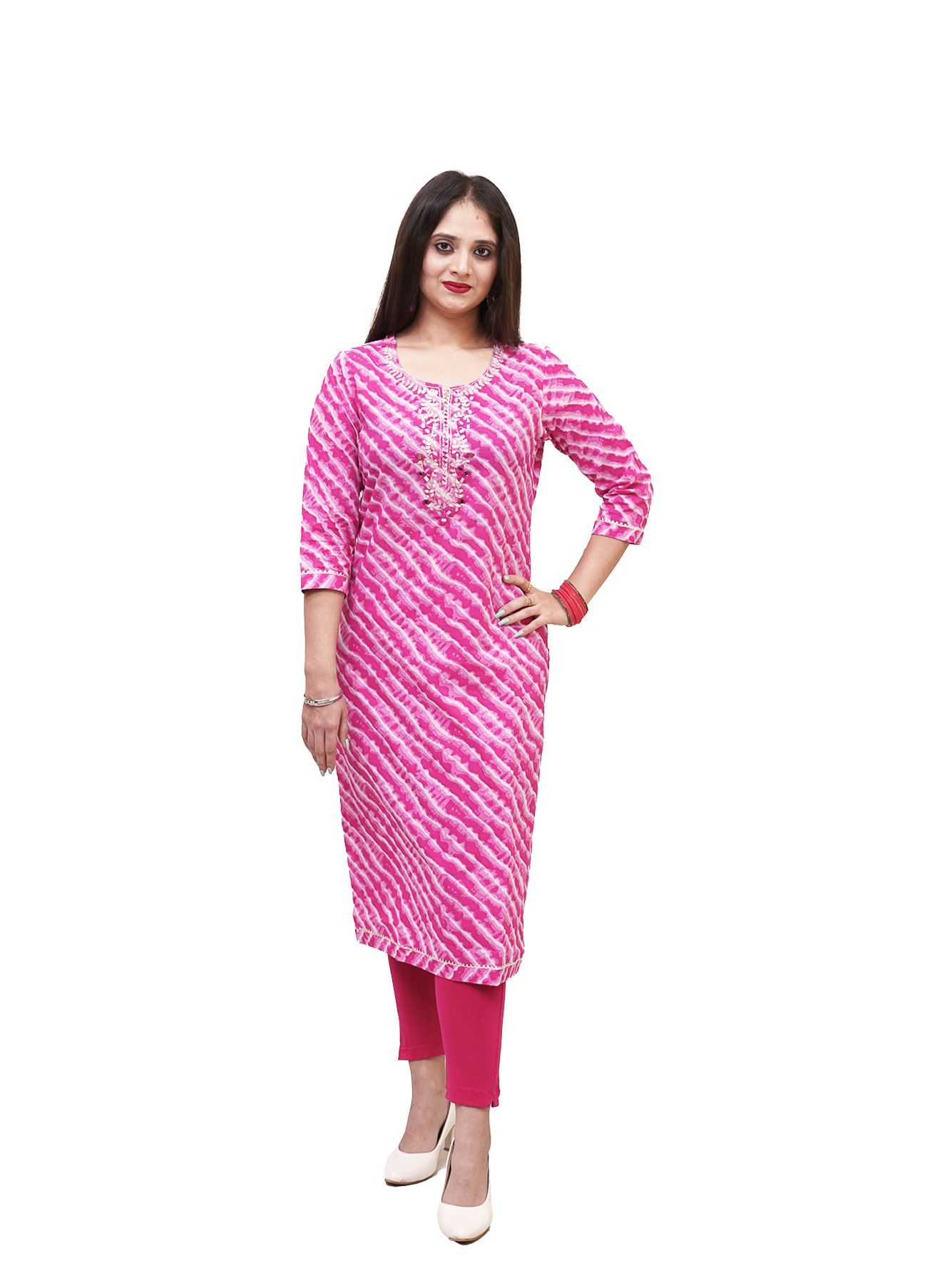 PINK HAND BLOCK LEHERIYA PRINTED COTTON STRAIGHT KURTI/KURTA