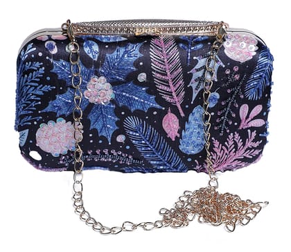 Exclusive Embellished women Hand Clutch cum sling bag (Blue With Multi Color)