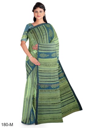 Green Hand Block Printed Maheshwari Saree