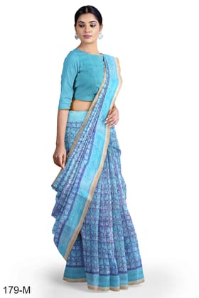 Blue Hand Block Printed Maheshwari Saree