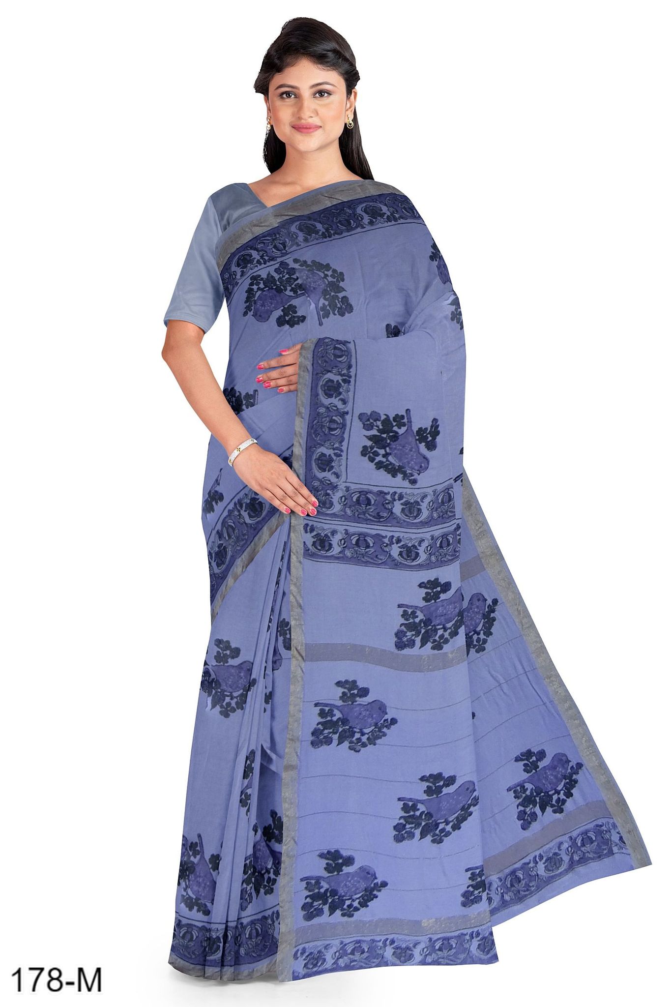 Purple Hand Block Printed Maheshwari Saree