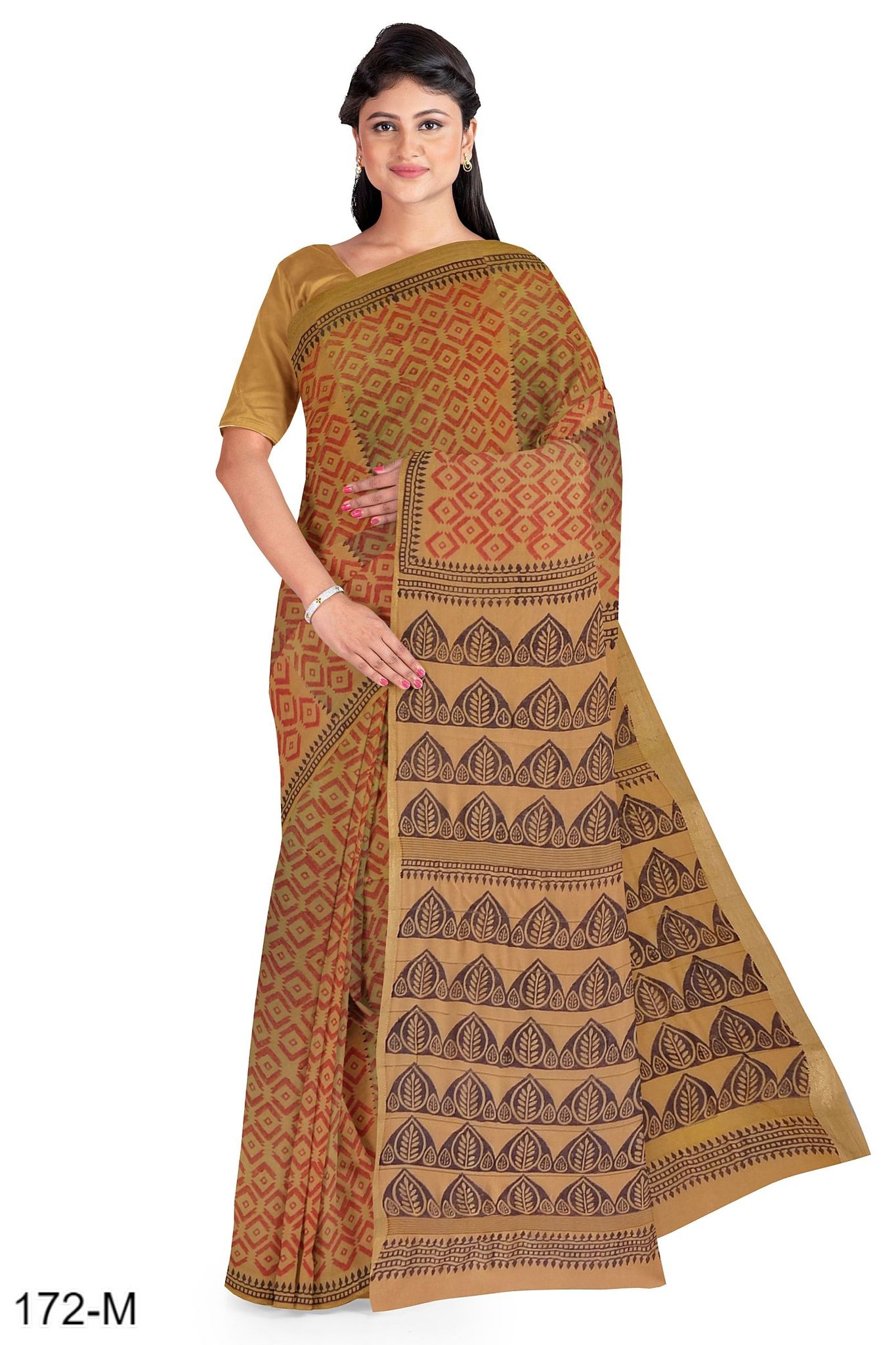 Dark Yellow Hand Block Printed Maheshwari Saree