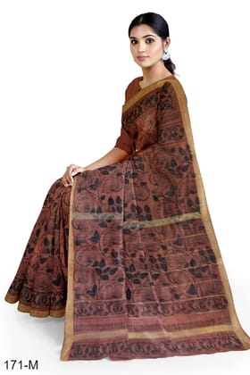 Brown Hand Block Printed Maheshwari saree