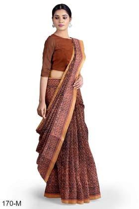 Brown Hand Block Printed Maheshwari Saree