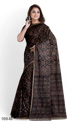 Dark Brown Hand Block Printed  Maheshwari Saree