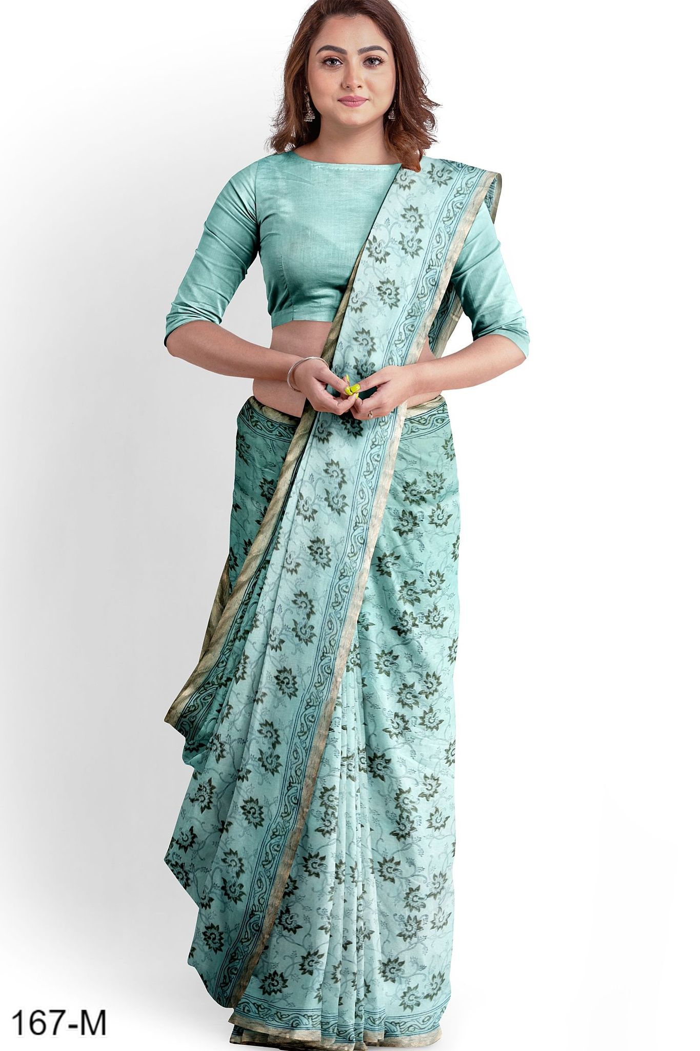 Light Blue Hand Block Printed Maheshwari Saree