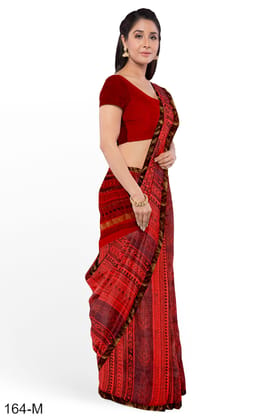 Red Hand Block Printed Maheshwari Saree