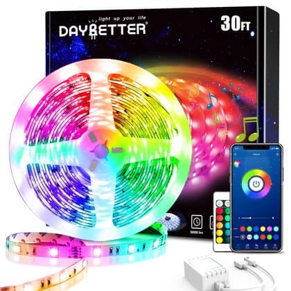 DAYBETTER Smart Bluetooth Led Lights 30ft, 5050 RGB Led Strip Lights Kits with 24 Keys Remote, App Control Timer Schedule Led Music Strip Lights