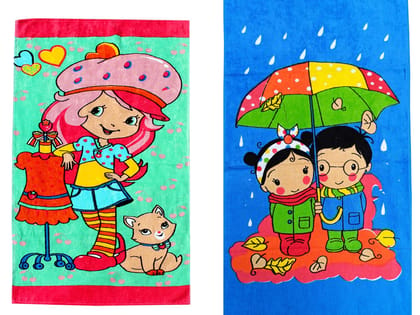 Mandhania Cotton Cartoon Printed Kids Bath Towels for Boys N Girls Pack of 2