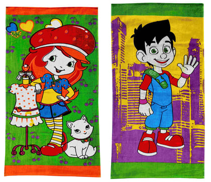 Mandhania Cotton Cartoon Printed Kids Bath Towels for Boys N Girls (Multicolour, Pack of 2)